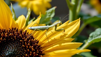 a praying mantis in hunting position on a sunflower leaf, background showing soft shadows and blurred stems, dramatic natural tension