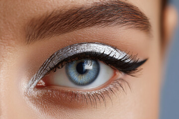 Naklejka premium Extreme Close-Up of Eye with Metallic Chrome Eyeliner and Icy Blue Eyeshadow
