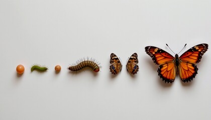 macro timeline of butterfly life cycle from egg to caterpillar to chrysalis to adult butterfly, arranged in soft natural light, educational layout on white background