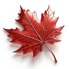Shiny red maple leaf with detailed veins on white background