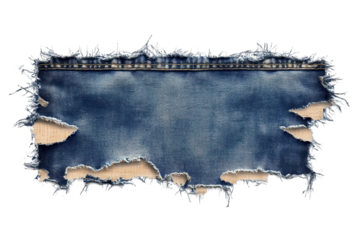 Grunge distressed denim patch showcasing rugged texture and unique fraying details for creative fashion applications and textile designs