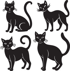 Collection of black cat silhouettes in various poses on white background