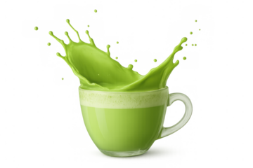 Matcha tea vigorously splashing from glass cup, highlighting vibrant green liquid movement against transparent background