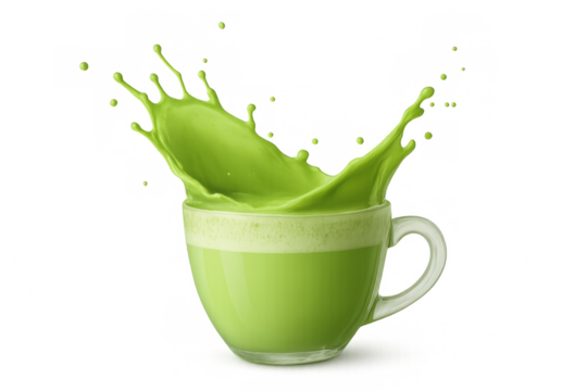 Matcha tea vigorously splashing from glass cup, highlighting vibrant green liquid movement against transparent background - Powered by Adobe