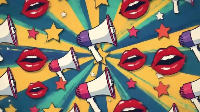 Dynamic background pattern of megaphones, red lips, and stars with teal, yellow, and blue rays