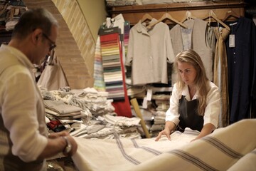 merchants in their fabric shop