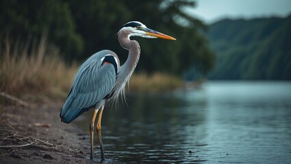 Fototapeta premium Heron standing by water on river bank in natural environment with trees and hills in background.
