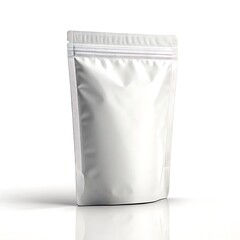 Blank white stand up pouch with resealable zipper on a clean white background