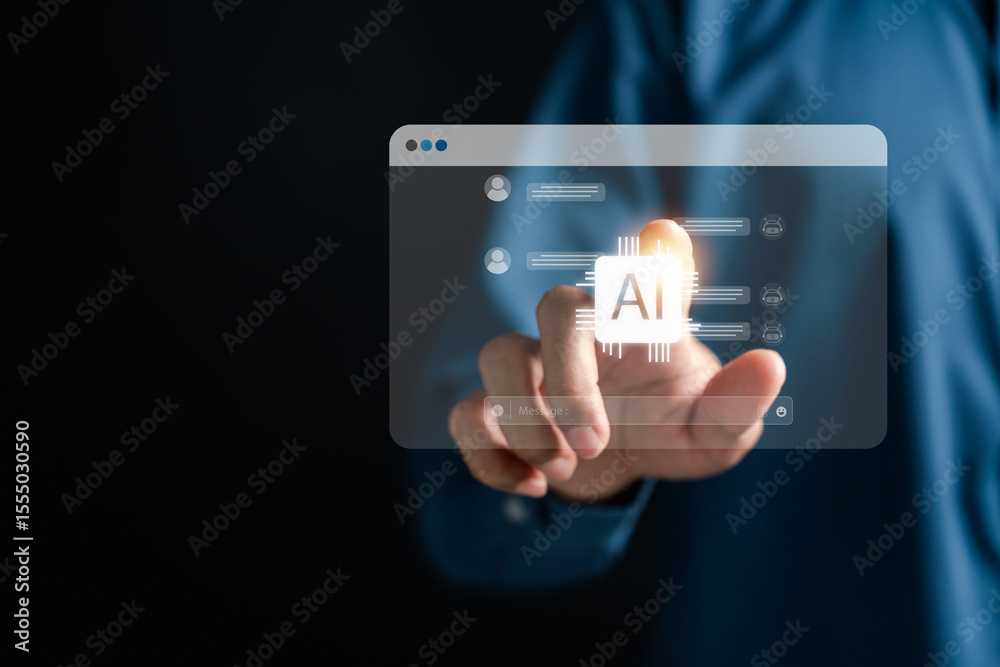 Poster AI chatbot technology for smart communication, automation, and real-time response. Concept of virtual assistant, customer service bot, and AI-driven interaction through messaging interface.