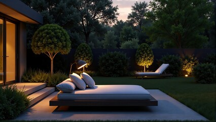 Illuminated Modern Backyard with Outdoor Lounge Bed
