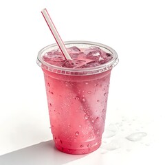 Refreshing pink beverage with ice and straw in a clear plastic cup