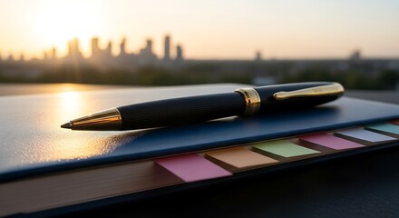Elegant Pen Resting on a Notebook with City Skyline in the Background