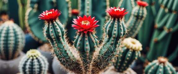 Colorful cactus with red and white flowers amid green cacti. Succulent plants often found in arid environments. Landscape and plant life. The beauty of desert flora.
