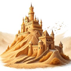 Magnificent fantasy sandcastle fortress perched on a desert dune with flying creatures