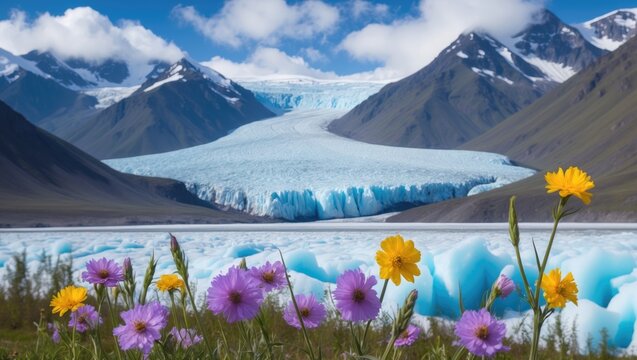 Vibrant flowers in foreground with a glacier and snow-capped mountains in the background. Nature landscape with ice and colorful blooms.