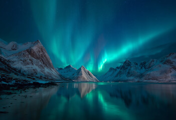 Northern Lights over snow-covered Lofoten mountains in Norway with starry sky, vibrant green and purple aurora borealis glowing against dark blue night backdrop.