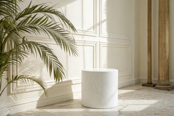 Minimalist white cylinder pedestal with palm fronds and classical columns