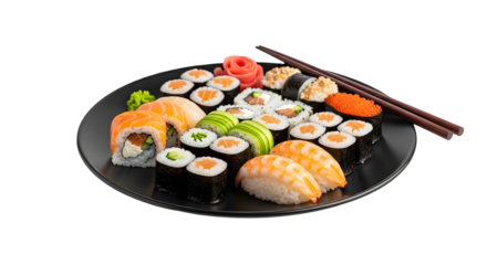 Sushi Arrangement On Black Plate With Chopsticks And Garnishes Against Transparent Background