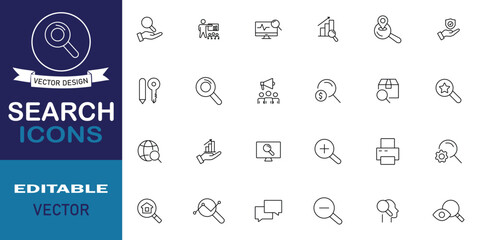 Search icon set. Included icons as magnifying glass, find, research, zoom and more. Set of 24 line icons related to search. Vector illustration.