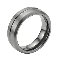 A sleek, modern metal ring displayed against a clean white background, emphasizing its polished finish