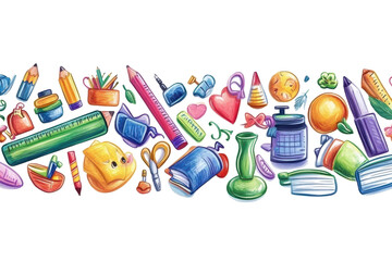 Colorful school education seamless border with various stationery items and tools displayed creatively for an engaging classroom atmosphere