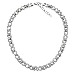 Silver chain necklace with interlocking links displayed on a plain background, emphasizing its shine