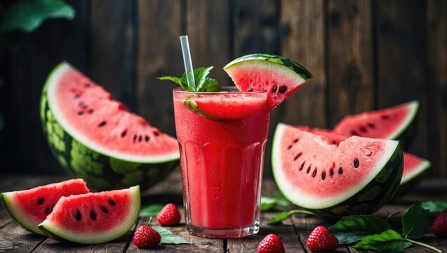 Fresh watermelon juice in a glass with watermelon slices and berries on a rustic wooden background. Refreshing summer drink with fresh fruits.