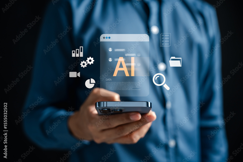 Poster AI technology enhancing SEO strategy on mobile device with data analysis, content optimization, and keyword tracking. Smart artificial intelligence for digital marketing and online visibility.