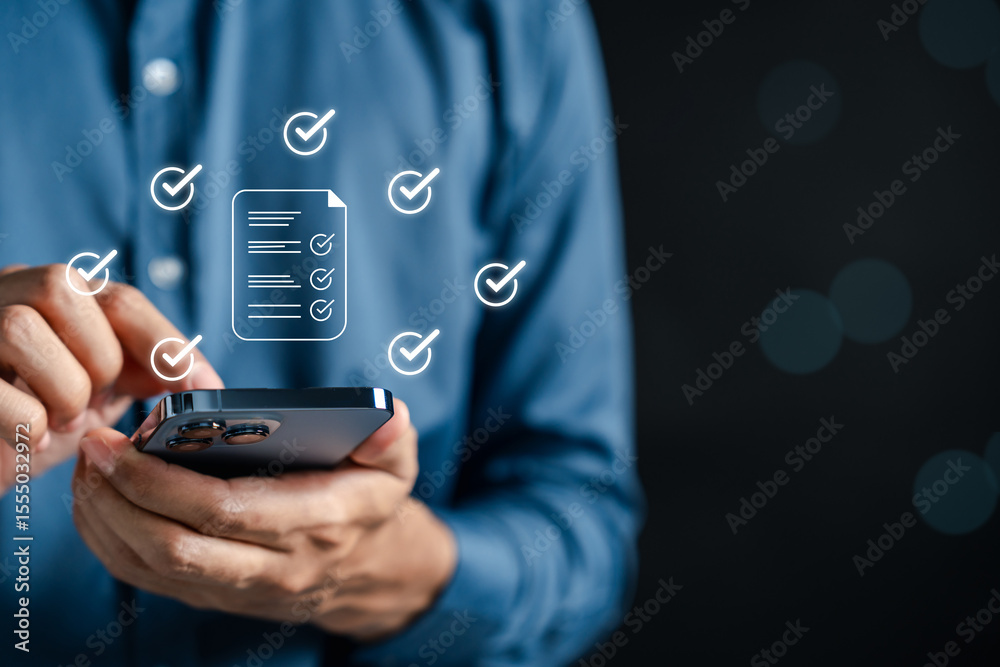 Fototapete Digital checklist and document survey icons on mobile screen with checkmarks. Representing online feedback, satisfaction evaluation, task completion, and paperless form processing.
