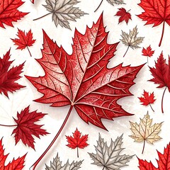 Vibrant red and beige maple leaves scattered across a textured white background