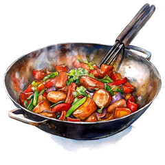 Wok, watercolor illustration vector, isolated on a white background.