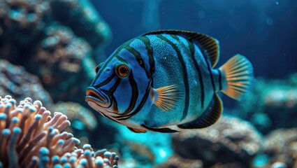 Colorful fish swimming near coral reef with vibrant blue and orange tones. Underwater marine life, aquatic environment, and reef ecosystem. The concept of ocean biodiversity and marine habitat.