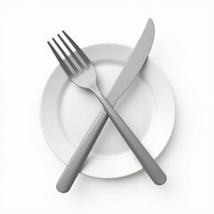 3D Floating Fork and Knife Crossed Over Plate Isolated on White Background