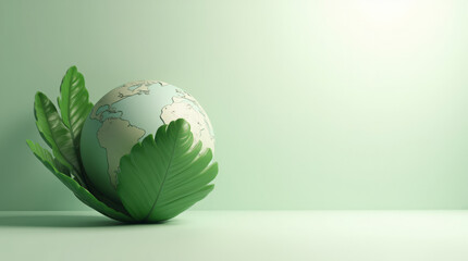 3D Environment Globe Partially Wrapped in Green Leaf on White Background