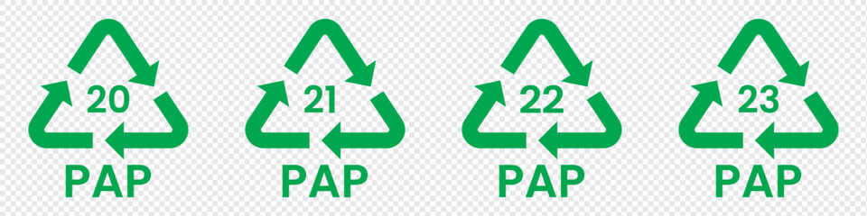 Paper recycling code icon set. recycling codes 20, 21, 22, 23. pap recycling symbols. plastic, recycle, symbol, code, icon.