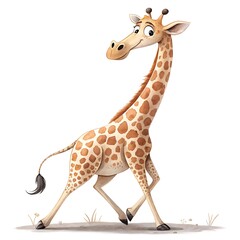 Cute cartoon giraffe walking with a happy expression on a white background