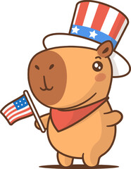 Vector illustration of a patriotic capybara holding an American flag and wearing a star-spangled hat, isolated on white in cartoon style.