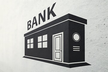 Stylized black bank building with the word bank in large letters on a textured white wall