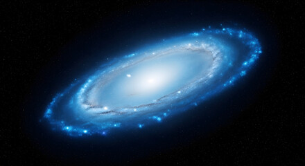 Naklejka premium A stunning illustration of a vibrant blue spiral galaxy with a brilliant luminous core and glowing star clusters rotating in the deep dark void of outer space