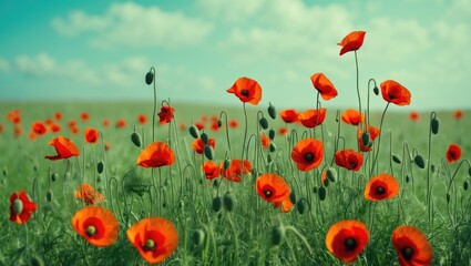 Fototapeta premium Bright red poppies blooming in a green field under a partly cloudy sky.