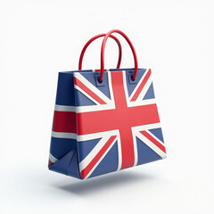 3D Shopping Bag Emoji Decorated with Union Jack Floating on White