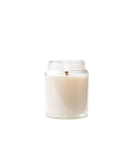 Burning Soy Wax Candle in Glass Jar on White Background
