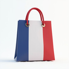 3D Shopping Bag Emoji with French Tricolor Flag on Snow-White Background