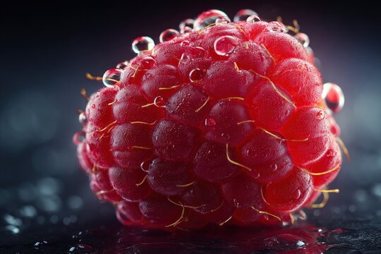 Wet raspberry closeup with many water droplets and golden hairs on a dark surface