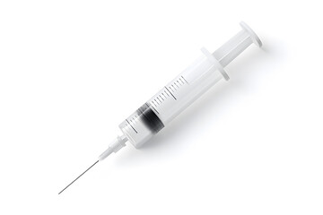 Realistic plastic medical syringe with needle, isolated on white background. Healthcare and vaccination concept.