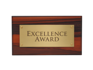 Elegant excellence award plaque presented on a rich rosewood backdrop, signifying recognition, achievement, and honoring notable success, transparent background