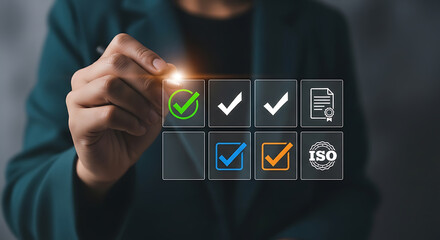 Businessman's hand touches a virtual screen, symbolizing future business success and technological connection