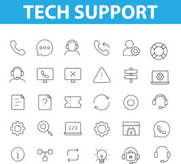 Tech Support Line Icons, Headset, Laptop, Customer Service, Tools, Troubleshooting, Chat, Gear, Network Issue, and More , Editable Formats: AI, EPS, JPG, PNG , Ideal for Both Digital and Print Use