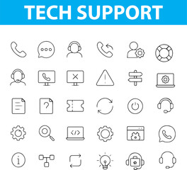 Tech Support Line Icons, Headset, Laptop, Customer Service, Tools, Troubleshooting, Chat, Gear, Network Issue, and More , Editable Formats: AI, EPS, JPG, PNG , Ideal for Both Digital and Print Use