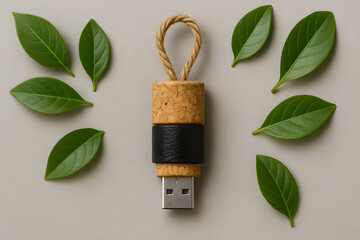 Eco-friendly USB drive made from cork with green leaves on a neutral background.
